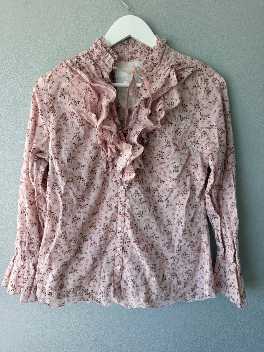 Cino pink floral Ditsy Ruffle long sleeve button down shirt Women’s sz S
